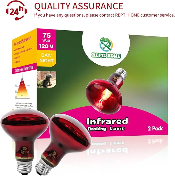 Reptile Heat Lamp Bulbs, Infrared 75W Reptiles & Amphibians Basking Spot Lamp Bulb-2 PCS, Red Heat Emitter Light for Chickens Coop REPTIHOME