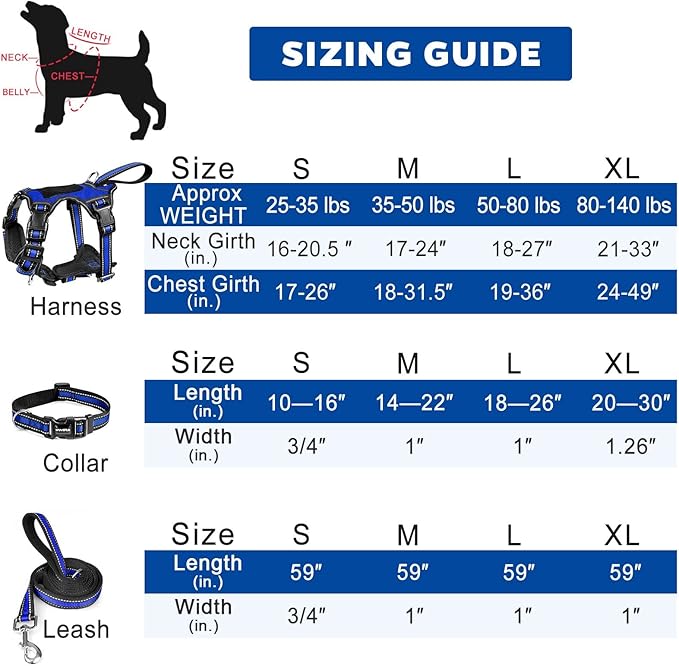 WINSEE Pet Harness Collar and Leash Set, All-in-one Reflective Dog Harness No Pull with Adjustable Buckles for Puppies, Small, Medium, Large, and Extra-Large Dogs (Large, Dark Blue) - PAWPICO
