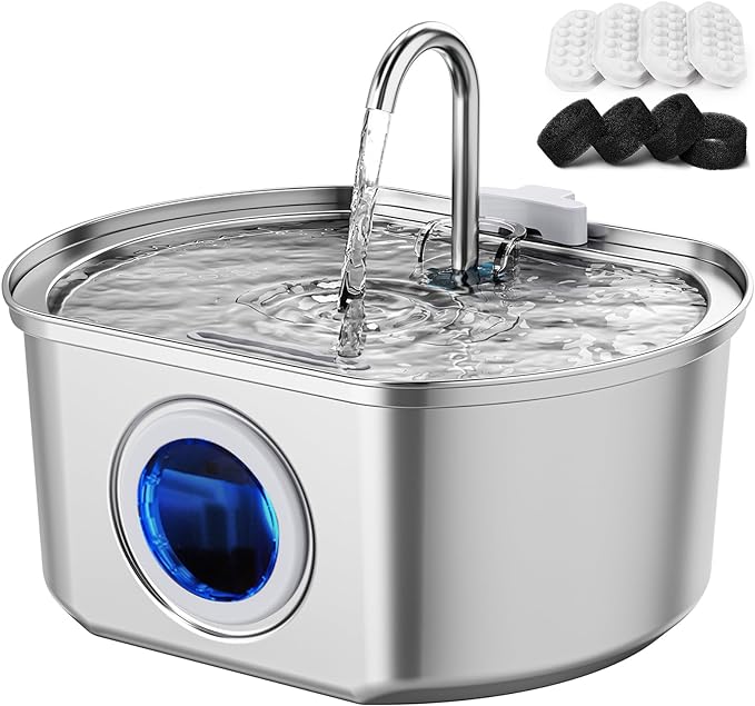 Cat Water Fountain Stainless Steel: 108oz/3.2L Cat Fountain for Drinking- Pet Water Fountain for Cats Inside - Automatic Cat Water Dispenser Bowl - Cat Feeding & Watering Supplies - Water Level Window - PAWPICO