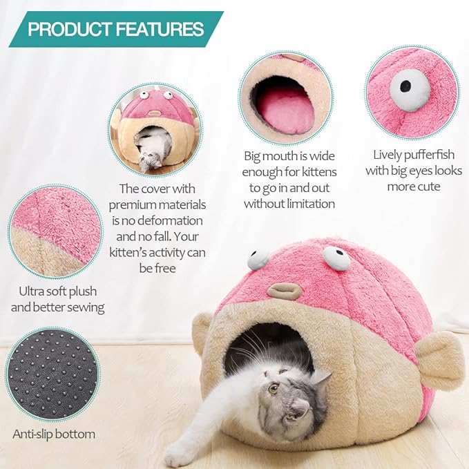 Cat Beds for Indoor Cats - Cat Bed Cave with Removable Washable Cushioned Pillow, Soft Plush Premium Cotton No Deformation Pet Bed, Lively Pufferfish Cat House Design, Pink, Multiple Sizes(S) - PAWPICO