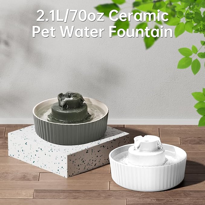 Ceramic Cat Water Fountain, 2.1L/70oz Ceramic Pet Water Fountain Automatic Cat Drinking Fountains Pet Water Bowl, Porcelain Cat Water Dispenser with Ultra-Quiet Pump for Cats and Dogs(Grey) - PAWPICO