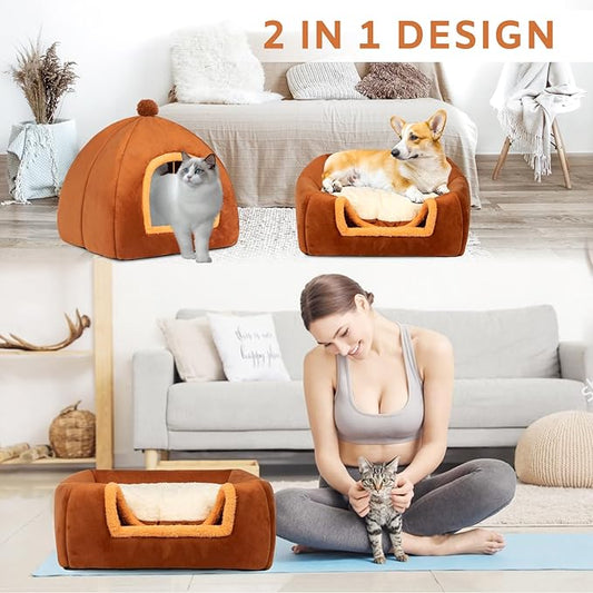 Cat Bed Cave for Indoor Cats,Cat House Tent Bed with Removable Washable Cushioned Pillow, 2-in-1 Kitten Beds for Indoor Kittens,Pet Bed - PAWPICO