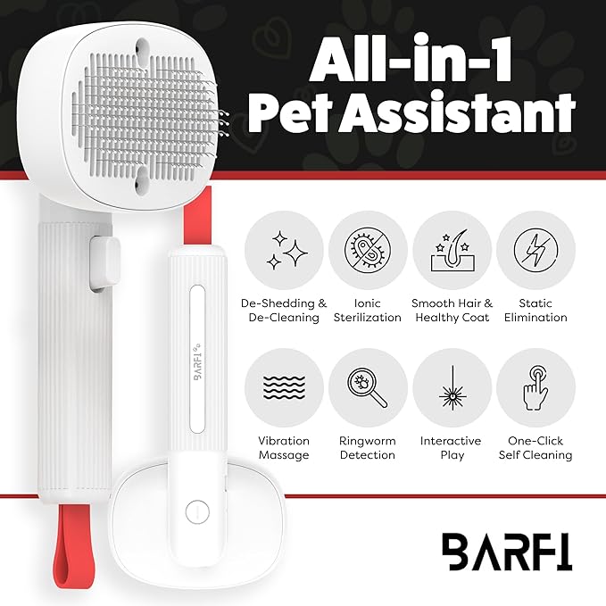 BARFI Pet Brush - Self-Cleaning Pet, Cat, Dog Shedding Brush - Multi-Functional Grooming Tool with Negative Ion Technology, Vibrating Massager, Wood's Lamp (White) - Free Pet Bowl - PAWPICO