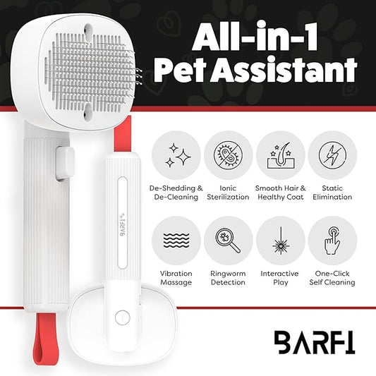 BARFI Pet Brush - Self-Cleaning Pet, Cat, Dog Shedding Brush - Multi-Functional Grooming Tool with Negative Ion Technology, Vibrating Massager, Wood's Lamp (White) - Free Pet Bowl - PAWPICO