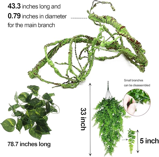 kathson 3 PCS Reptile Vines Plants Flexible Bendable Jungle Climbing Vine Terrarium Plastic Plant Leaves Pet Tank Habitat Decor for Bearded Dragons Lizards Geckos Snakes Frogs and More Reptiles kathson