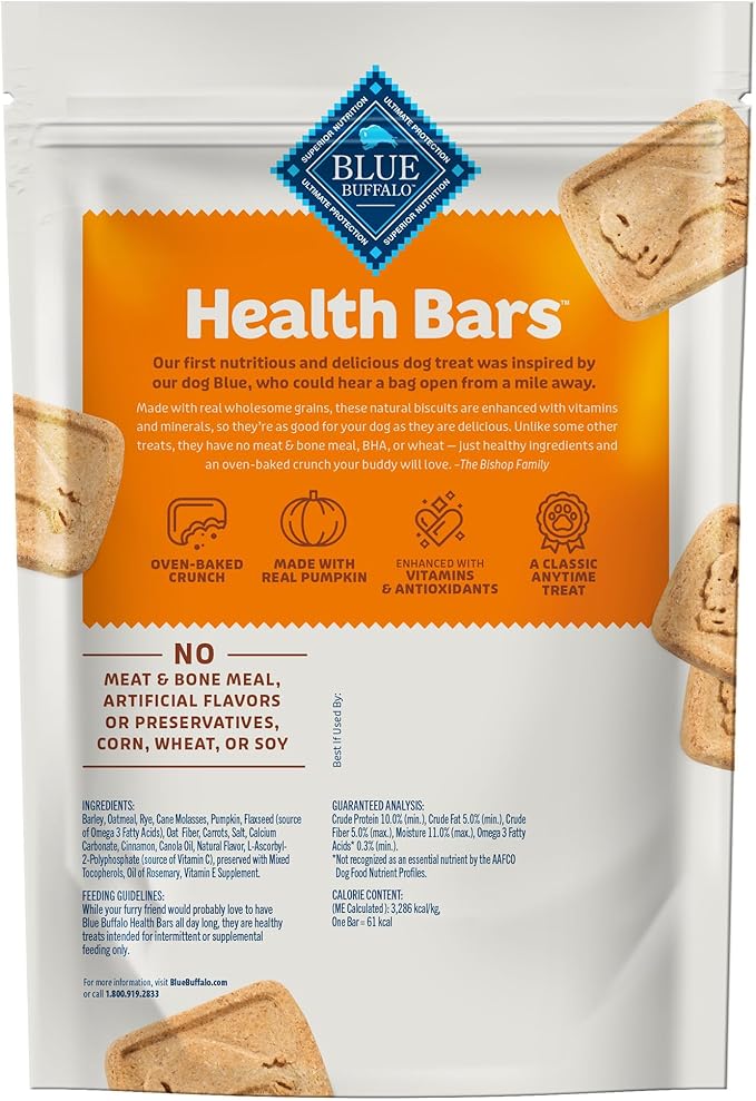 Blue Buffalo Health Bars Crunchy Dog Biscuits, Oven-Baked With Natural Ingredients, Pumpkin & Cinnamon, 16-oz Bag - PAWPICO