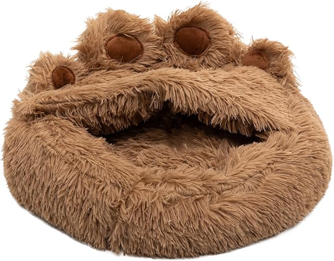 Cat Bed with Cover Cave - Dog Cave Bed with Standing Paws,Covered Round Kitten Bed with Hooded Blank - PAWPICO