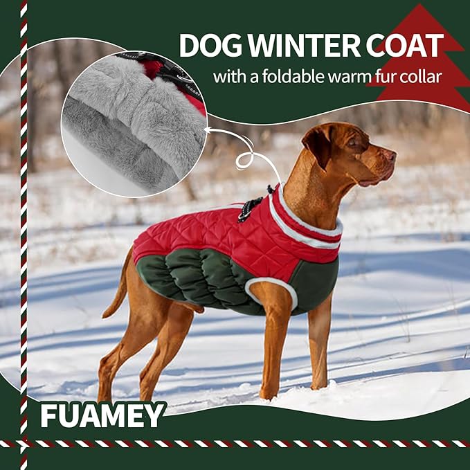 FUAMEY Dog Winter Jacket,Dog Cold Weather Coats Paded Dog Vest with Harness Built in Pet Warm Clothes Dog Apparel with Back Zipper Dog Water Resistant Coat for Small Medium Large Dogs Christmas XS - PAWPICO