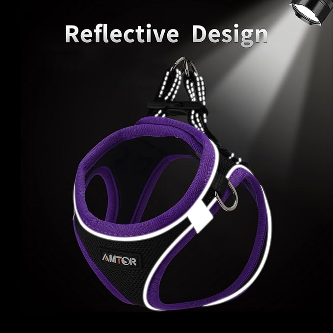 AMTOR Small Dog Harness with Leash Set, No Escape Easy Walk Puppy Harnesses for Training Walking, Step-in Reflective Soft Dogs Vest for XS S Medium Extra-Small Large Sized Dog(Black/Purple) - PAWPICO