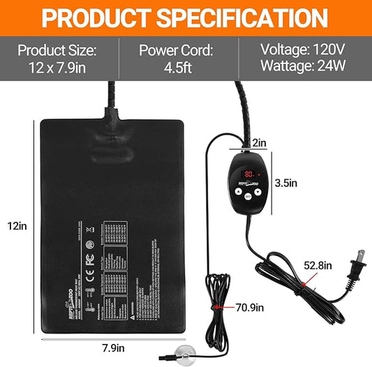 REPTI ZOO 8" X 12" Reptile Heat Pad 24W Fast Heating Pad with Adjustable Thermostat Reptile Heat Mat for Turtles/Hermit Crabs/Bearded Dragons/Leopard Geckos/Snakes/Lizards, and Seed Germination REPTIZOO