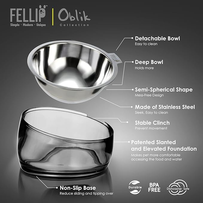 Felli Pet Oblik Spill Proof Dog Food Water Bowl Raised Acrylic Cone, Stainless Steel Tilted Oval Dish Pet Friendly, Slanted Metal Plate Feeder Elevated for Small Medium Size Dog (1.5Cup, Smoky) - PAWPICO