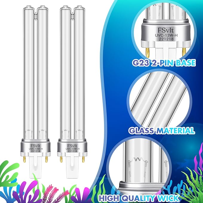 Qualirey 2 Pcs G23 Base 13 Watt UV Light Bulb Compatible with Jebao Pond Sunsun 2 Pin Base UV Light for Aquarium Compatible with Sunsun JUP 23 Grech Aquarium Filter Acomfortablehomestartshere