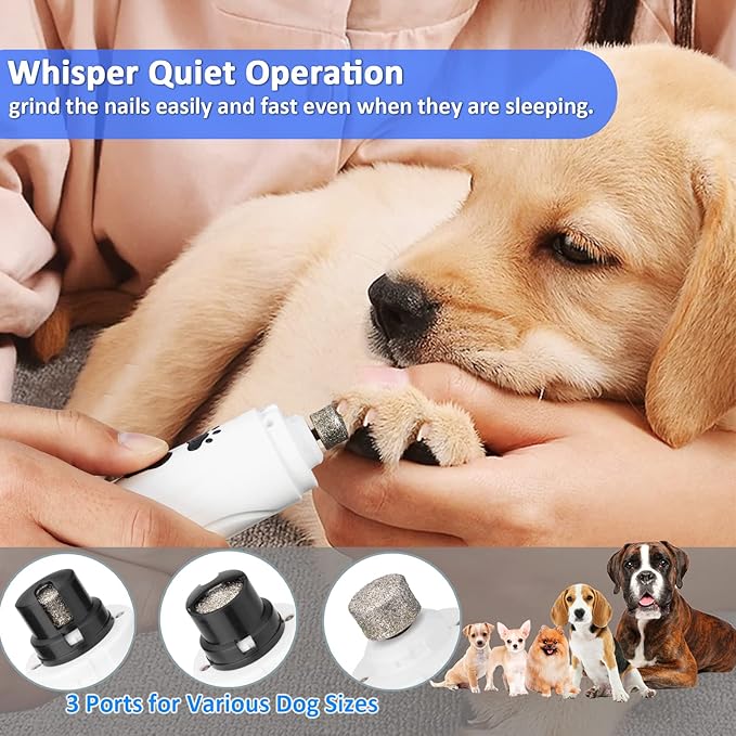YABIFE Dog Nail Grinder, Dog Nail Trimmers and Clippers Kit, Super Quiet Electric Pet Nail Grinder, Rechargeable, for Small Large Dogs & Cats Toenail & Claw Grooming,3 Speeds, 1 Extra Grinding Wheels - PAWPICO