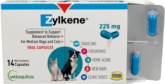 Vetoquinol Zylkene Behavior Support Capsules for Medium Dogs 33-65lbs, Calming All Natural Milk Protein Supplement, Helps Relieve Dog Anxiety During Fireworks and Thunder, 225mg Vetoquinol