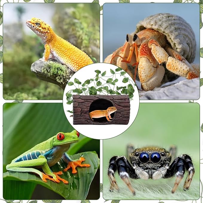 Reptile Tank Accessories, Leopard Gecko Tank Accessories, Terrarium Decorations for Arboreal Reptiles, Hermit Crabs, Leopard Gecko, Lizard Terrarium, (Barrel x 1pcs, Reptile Plants x 2Meter) EELLAO