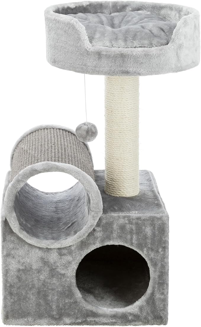 TRIXIE Tolar Cat Scratching Post 31.5 Inch - with Durable Sisal Rope and Tunnel, Condo, Platform with Removable Cushion & Dangling Cat Toy - in Gray - PAWPICO