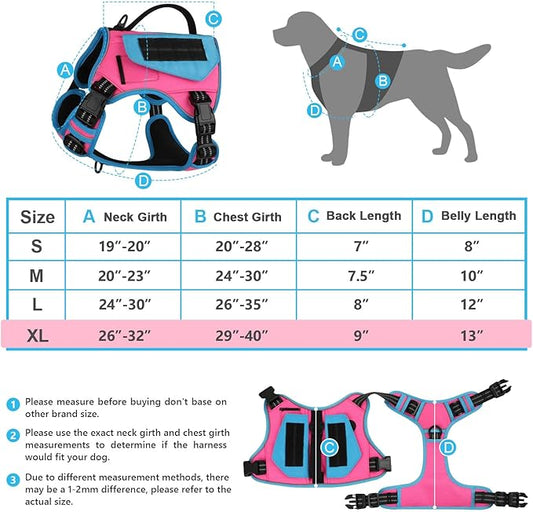WINGOIN Tactical Dog Harness for Extra Large Dogs, No Pull Harness with Handle Pockets Poop Bag, Reflective Dog Vest, Military Heavy Duty Big Dog Harness for Walking Hiking Training, Pink Blue, XL WINGOIN