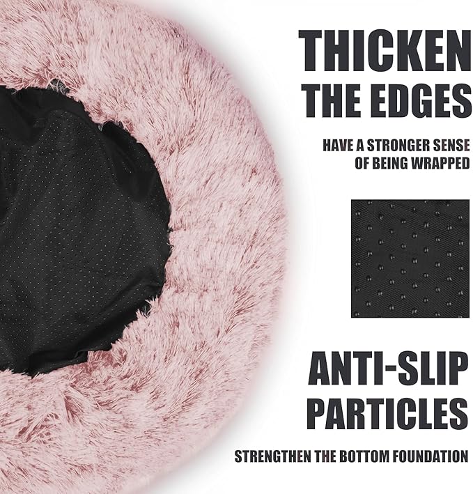 ShinHye Cat Bed Round Plush Fluffy Hooded Cat Bed Cave, Cozy for Indoor Cats or Small Dog beds, Soothing Pet Beds Doughnut Calm Anti-nxiety Dog Bed - Waterproof Bottom Washable, (23×23inch, Pink) - PAWPICO