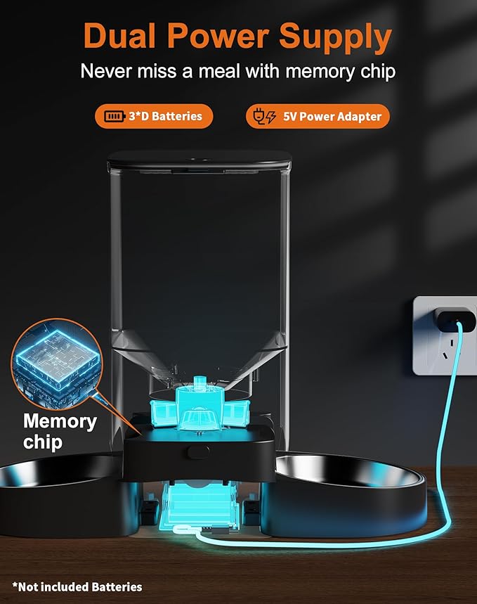 HoneyGuaridan 5L Automatic Cat Feeder for Two Cats, 2.4G WiFi Enabled Smart Feed Pet Feeder with Stainless Steel Bowl,APP Control Dispenser, Dual Power Supply,10s Meal Call Black - PAWPICO