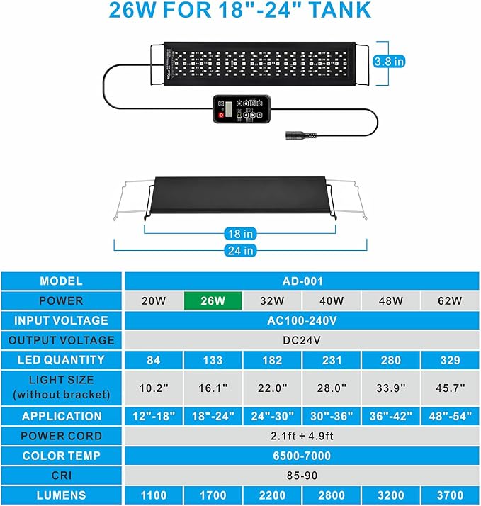 Advanced 7-Row LED Aquarium Light, Easy Setup Controller, Auto On Off Full Spectrum Fish Tank Light, 24/7 Lighting Cycle, 8 Colors, 10 Level Dimming, 26W for 18"-24" Freshwater Planted Tank Alidou