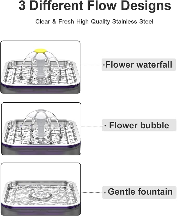 Crystal Cat Water Fountain Stainless Steel, 101oz/3L Pet Fountain with LED Light for Cats and Dogs (Grey) - PAWPICO