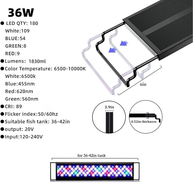 36w led Aquarium Light,Sunrise/Daylight/Moonlight, DIY Mode,Adjustable Timer/Color Temperature/Brightness, Full Spectrum, Aluminum Fish Tank Light for 36-42 inch. VISTALUM