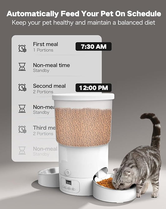 SURDY Automatic Cat Feeder for 2 Cats, 3L Cat Food Dispenser Auto Cat Feeder with 2 Stainless Bowls, 10s Meal Call Dual Power Supply and Timer Setting 12 Portions 6 Meals Per Day for Cats (White, 5L) - PAWPICO