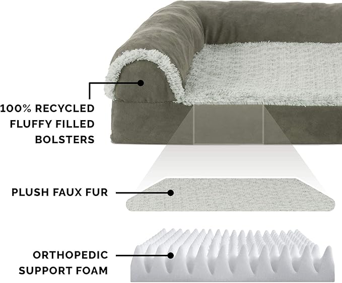 Furhaven Orthopedic Dog Bed for Large Dogs w/ Removable Bolsters & Washable Cover, For Dogs Up to 95 lbs - Two-Tone Plush Faux Fur & Suede L Shaped Chaise - Dark Sage, Jumbo/XL - PAWPICO