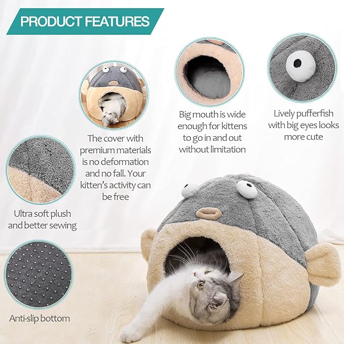 Cat Beds for Indoor Cats - Cat Bed Cave with Removable Washable Cushioned Pillow, Soft Plush Premium Cotton No Deformation Pet Bed, Lively Pufferfish Cat House Design, Grey, Multiple Sizes(L) - PAWPICO