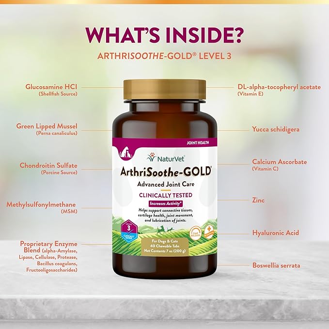 NaturVet ArthriSoothe-Gold Level 3, MSM and Glucosamine for Dogs and Cats, Advanced Joint Care Support Supplement with Chondroitin and Omega 3, Clinically Tested, Chewable Tablets, Made in The USA NaturVet