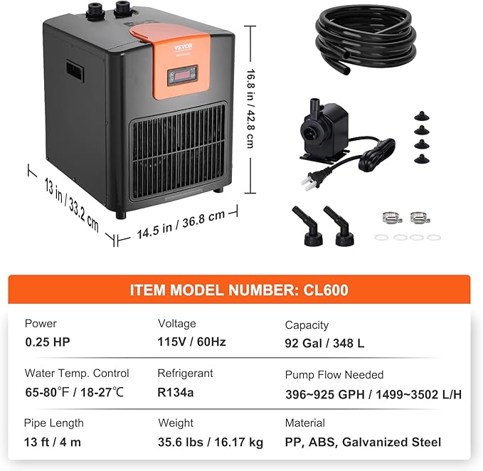 VEVOR Aquarium Chiller, 92 Gal 348 L, 1/4 HP Hydroponic Water Chiller, Quiet Refrigeration Compressor for Seawater and Fresh Water, Fish Tank Cooling System with Pump/Hose, for Jellyfish, Coral Reef VEVOR