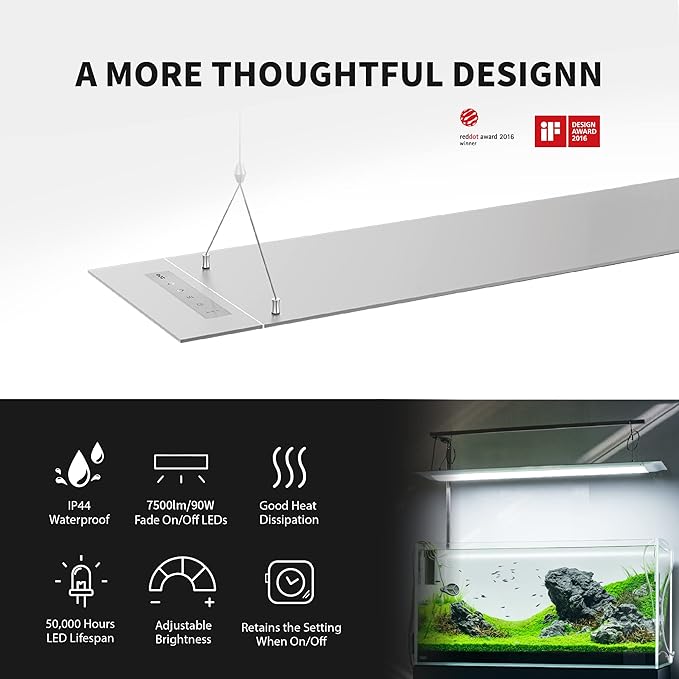 ONF Flat One+ 36-inch 24/7 Automated LED Aquarium Light, 3000-6500K Yellow White LED, Mobile APP Remote Controlled, Dimmable Full Spectrum Sunrise/Set for Plant Growth, Pendant Style for Fish Tank ONF