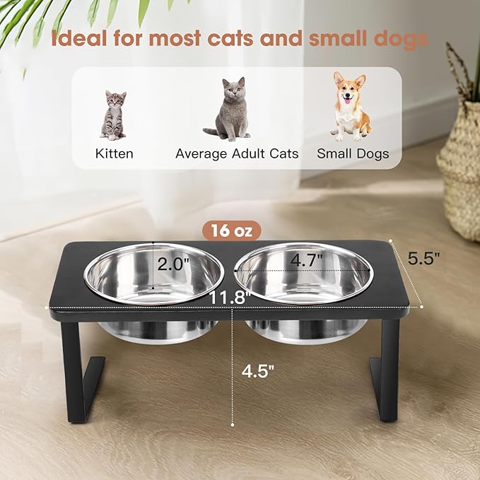 Elevated Cat Bowls, 15° Tilted Raised Cat Food Bowls Wood Pet Bowls with Stand Anti Vomiting 2 Stainless Steel Bowls for Cats and Puppy - PAWPICO