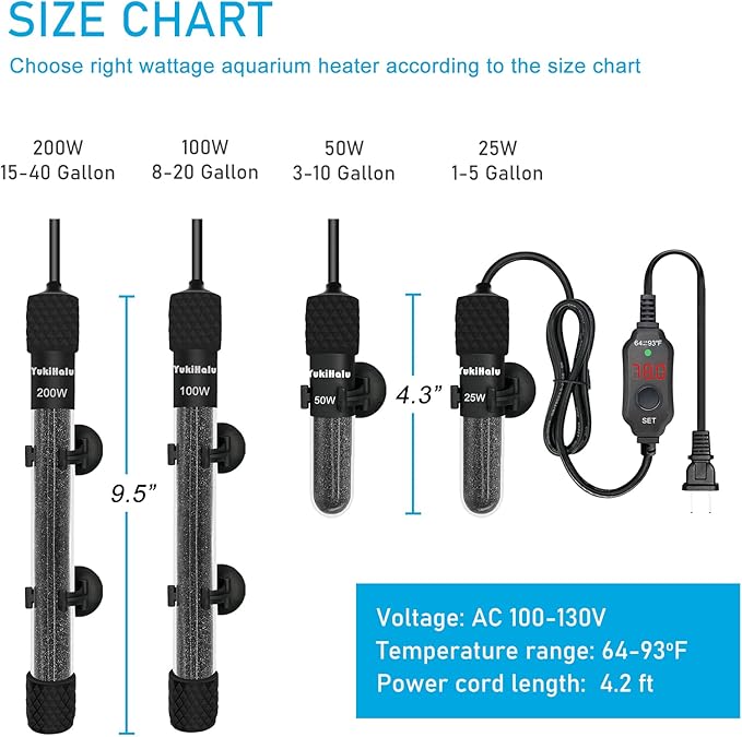 YukiHalu Small Submersible Aquarium Heater, Adjustable Mini Fish Tank Heater 25W 50W 100W 200W 300W with External Temperature Controller, LED Display, Used for 5/10/20/40/60 Gallons (100 Watts) YukiHalu