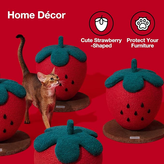 VETRESKA Strawberry Cat Scratching Post, Cute Cat Scratcher with Sisal Rope, Vertical Cat Scratch Post for Indoor Cat and Kitten, Ring Paper Strawberry Leaves Attract Cats - PAWPICO