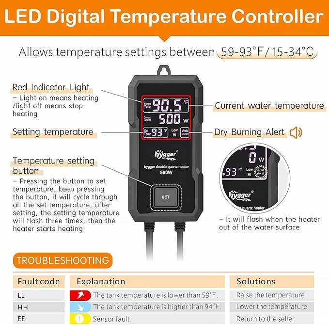 hygger Aquarium Heater 300W/500W/800W/1000W, Submersible Fish Tank Heater with Digital LED Controller and Intelligent Leaving Water Automatically Stop Heating System, for Freshwater and Saltwater hygger