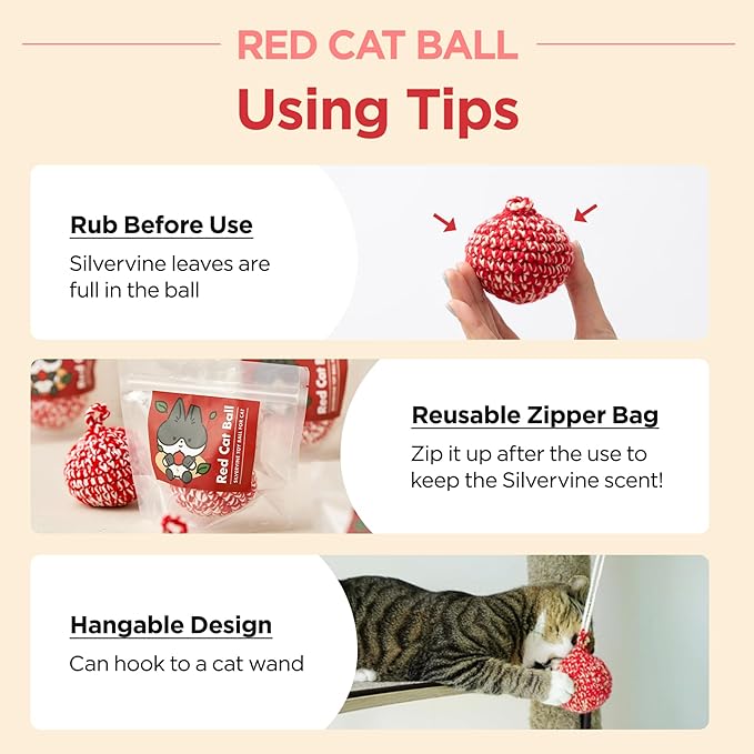 JAYU PET Red Cat Ball - Catnip Inside Cat Toy, Handmade Silvervine Ball Toys, Cat Toys for Indoor Cats, Interactive Matatabi Cat Ball Toy, Feline Kitten Toys, Cat Gifts (2.7 inch) - PAWPICO