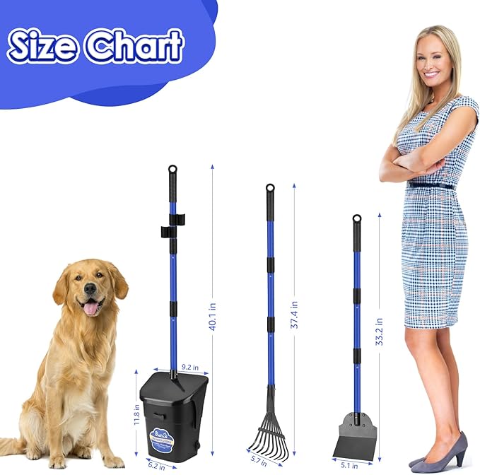 SlowTon Dog Pooper Scooper - 37.4" Long Handle Adjustable Metal Swivel Bin & Rake & Spade Kit with 20 Waste Bags, Portable Pooper Scooper for Gravel Lawn Grass, Suit for Small Medium Large Dog - PAWPICO