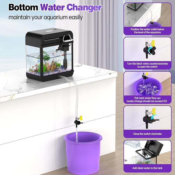 Fish Tank Aquarium 2.2 Gallon Fish Bowl with Music Humidifier 7 Color Auto-Looping Light Adjustable Pump with Filtration & Aeration & Circulation, Temperature Display, Bottom Water Changer Wilody