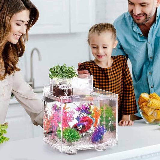 Betta Fish Tank, 1.6 Gallon Aquarium, Upgrade Hydroponics Growing System, Beta Fish Tank Self Cleaning with Heater and Filter, Aquaponic Fish Bowls Decorations for Water Plant Garden Oltraman