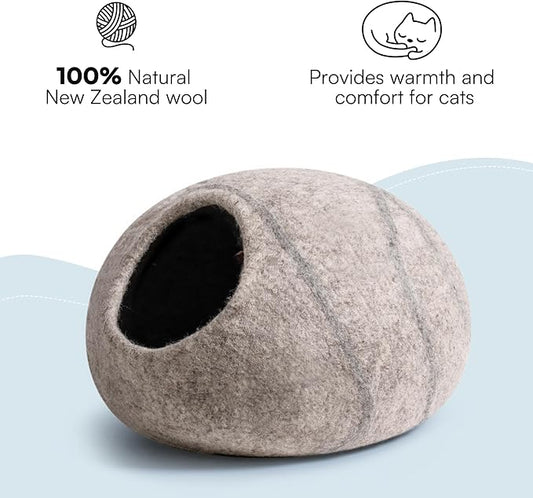 Cat Cave Bed -Handmade Wool Cat Bed Cave,Cat Bed Cat House, Felt Cat Caves for Indoor Cats and Kittens (Grey/White) - PAWPICO
