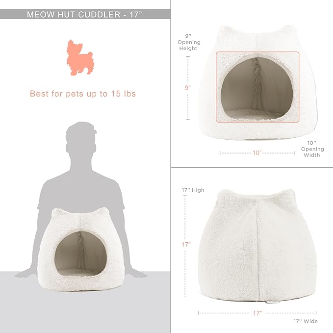 Best Friends by Sheri Meow Hut in Fur Cover Dome Cat and Dog Bed, Ivory, Small - PAWPICO