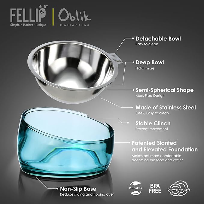 Felli Pet Oblik Slanted Dog Food Water Bowl Elevated Stainless Steel Oval Dish Ergonomic Angled Metal Feeder Spill Proof Non Slip, Raised Acrylic Cone for Bulldog Pug Small Medium (1.5Cup Sapphire) - PAWPICO