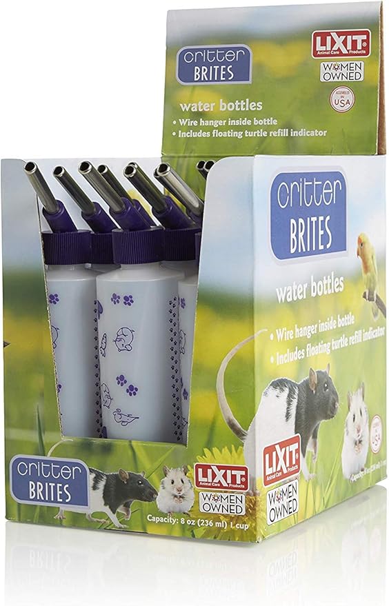 Lixit Bulk Water Bottles with Display Case for Rabbits, Ferrets, Chinchillas, Rats, Mice, Guinea Pigs', and Other Small Animals (8 Ounce) Lixit