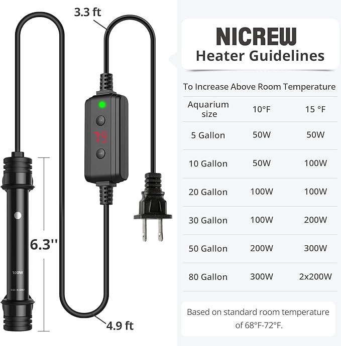 NICREW Aquarium Heater 100W, Temperature Adjustable Fish Tank Heater with Controller for 10-20 Gallon, Overheat Protection NICREW