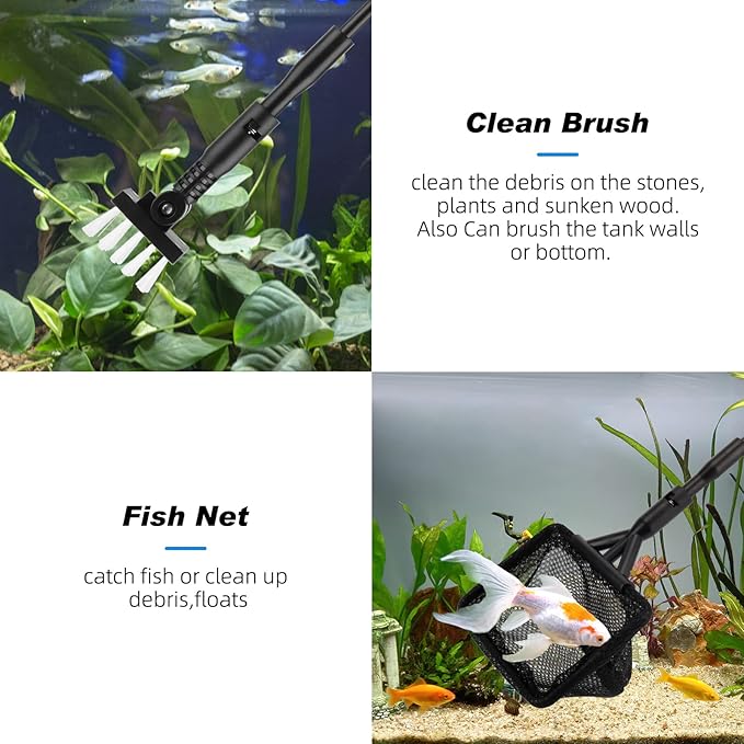 hygger Small Fish Tank Cleaner, Aquarium Cleaning Tools Kit with Handle, Seaweed Scraper, Fishing Net, Sponge Brush,Wall Brush (S) hygger