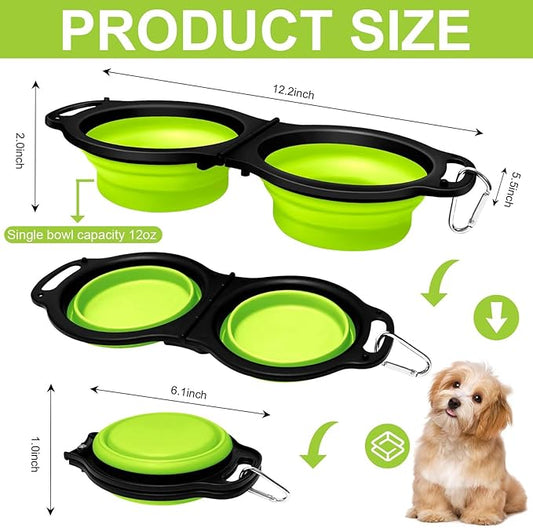 Collapsible Silicone Cat and Dog Travel Bowls,2 in 1 Foldable Pet Feeding and Watering Dish for Walking Camping Hiking with Carabiner (Green) - PAWPICO