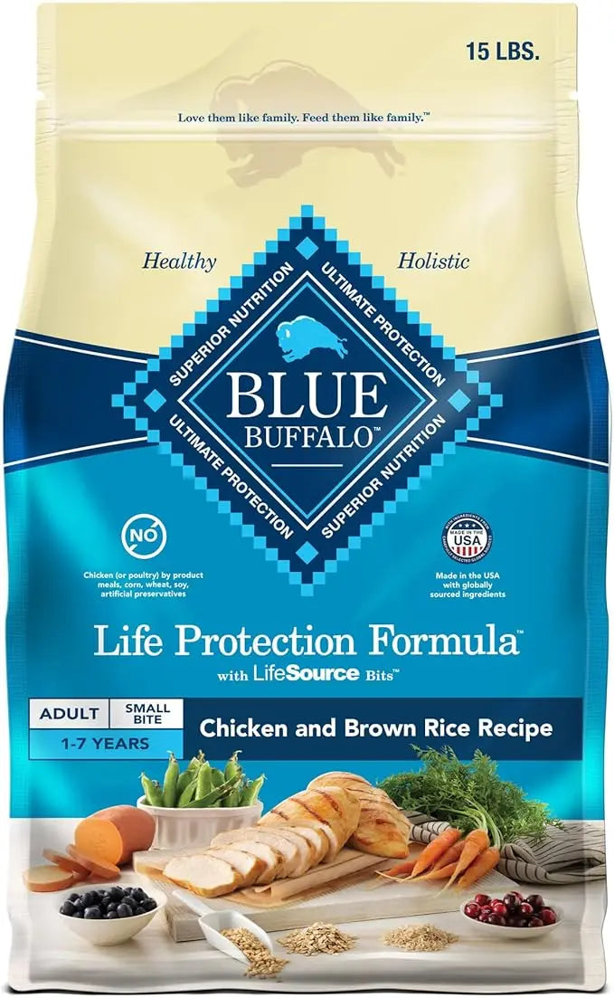 Blue Buffalo Life Protection Formula Adult Small Bite Dry Dog Food, Helps Build and Maintain Strong Muscles, Made with Natural Ingredients, Chicken & Brown Rice Recipe, 15-lb. Bag - PAWPICO