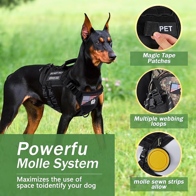 No Pull Tactical Dog Harness for Large Dogs, Escape Proof Molle Dog Vest Harness and Leash Set, Adjustable Military Service Dog Harness with Handle for Medium Large Dogs(Black,Large) Yungaspy