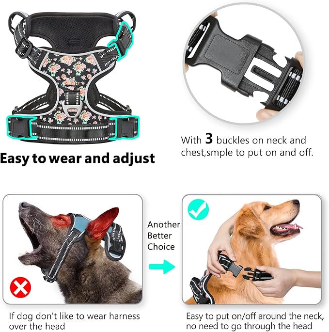 Timos No Pull Dog Harness,NO Need Go Over Dogs Head 3 Snap Buckles Reflective Oxford No Choke Harness with Front&Back 2 Metal Leash Clips Soft Padded for Small Medium Large Dogs,X-Large (Pack of 1) Timos